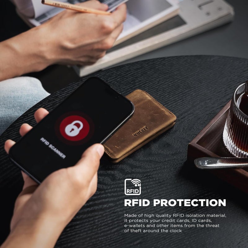 VULKIT حامل بطاقات رفيع وأنيق مع حماية RFID من الجلد، محفظة بطاقات ائتمان لحقيبة الجيب الأمامية، إغلاق مغناطيسي، نسخة مصنوعة يدويًا من جلد البقر - Image 5